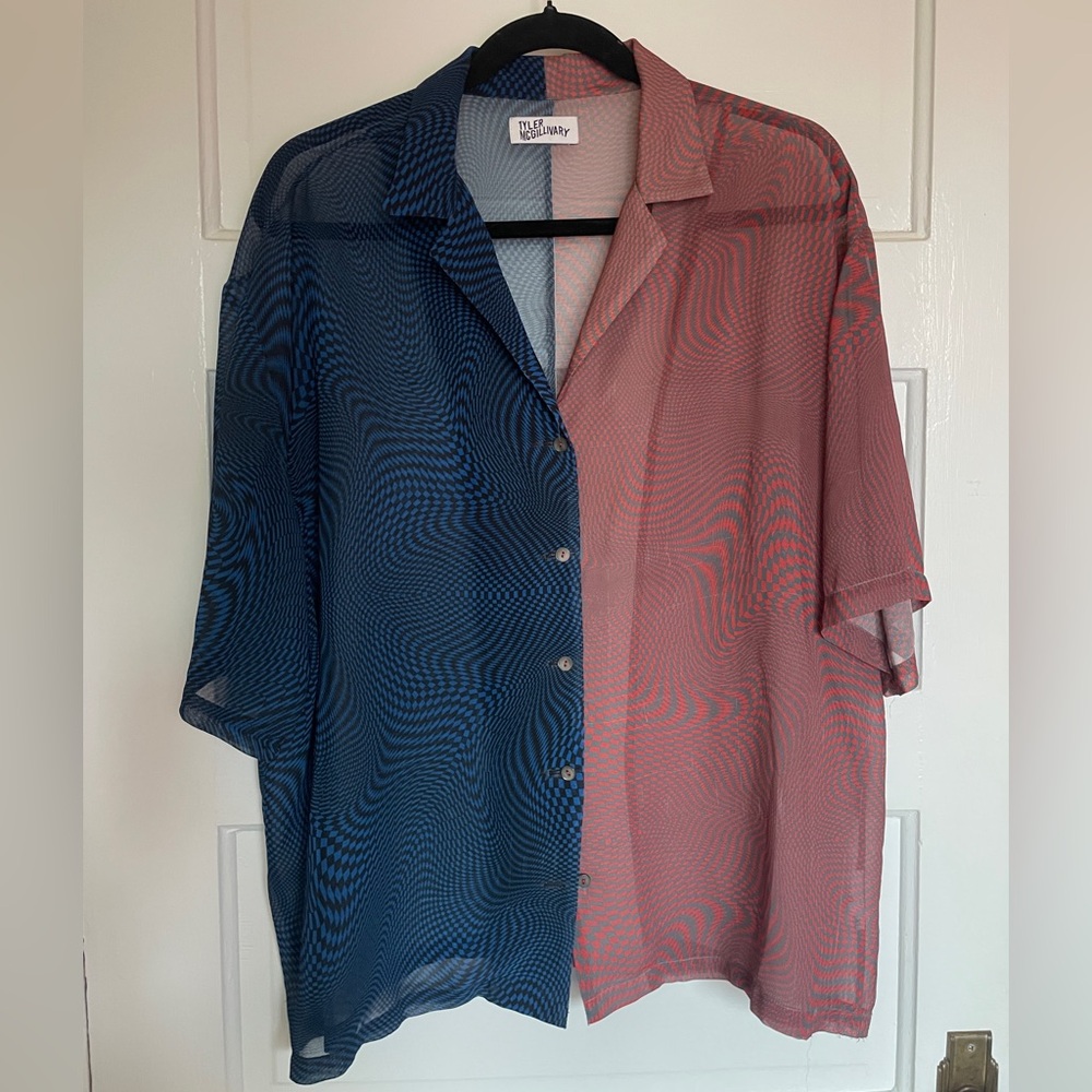Blue and Pink Sheer Button-Up Shirt